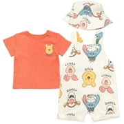 Disney Winnie the Pooh Eeyore Piglet Infant Baby Boys Short Overalls French Terry T-Shirt and Hat 3 Piece Outfit Set Newborn to Infant
