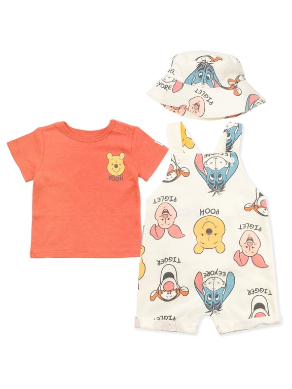 Winnie the Pooh Baby Boys' Shortall and Tee Set with Bucket Hat Rust