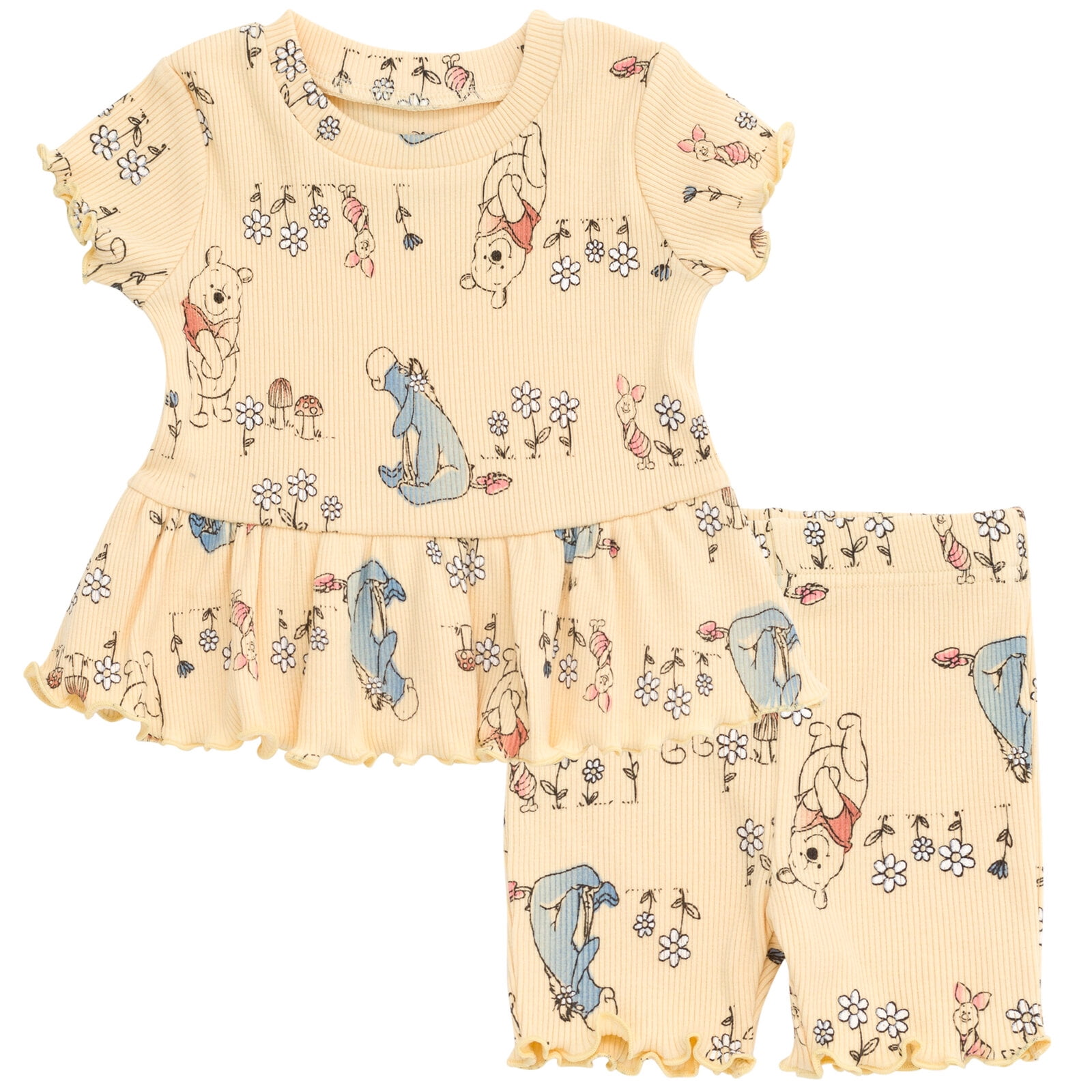 Disney Winnie the Pooh Eeyore Piglet Infant Baby Girls Peplum T-Shirt and Bike Shorts Outfit Set Yellow 18 Months