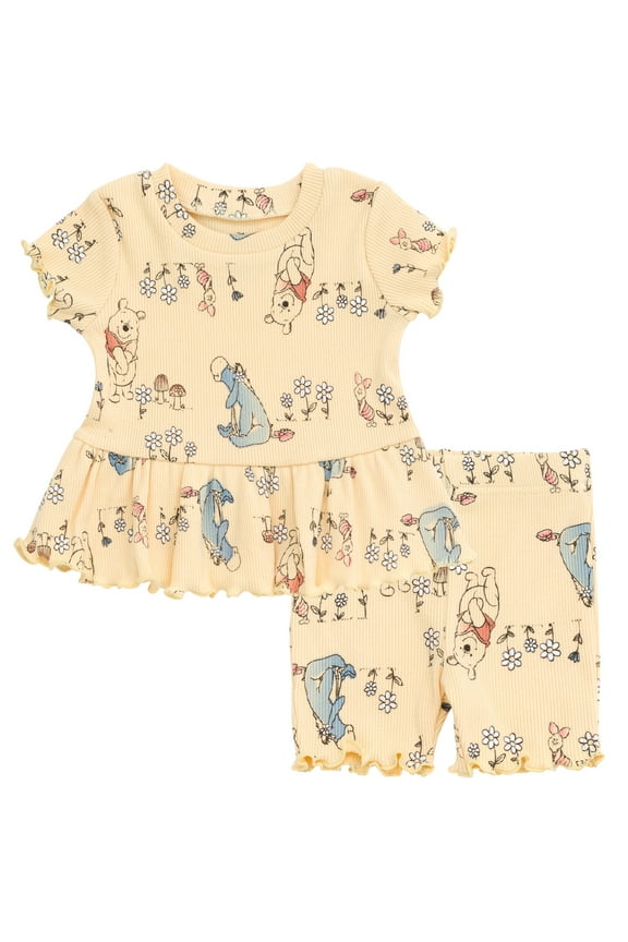 Winnie the Pooh Eeyore Piglet Infant Baby Girls Peplum T-Shirt and Bike Shorts Outfit Set Yellow 18 Months