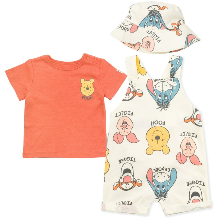 Disney Winnie the Pooh Eeyore Piglet Newborn Baby Boys Short Overalls French Terry T Shirt and Hat 3 Piece Outfit Set Newborn to Infant