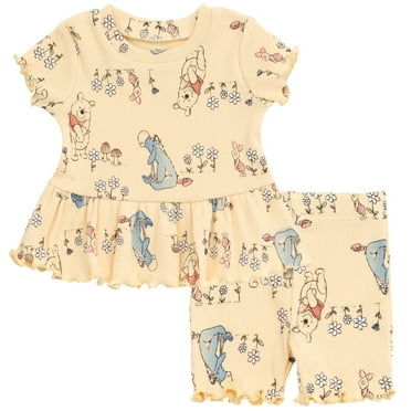 Disney Winnie the Pooh Eeyore Piglet Newborn Baby Girls Peplum T-Shirt and Bike Shorts Outfit Set Yellow 0-3 Months