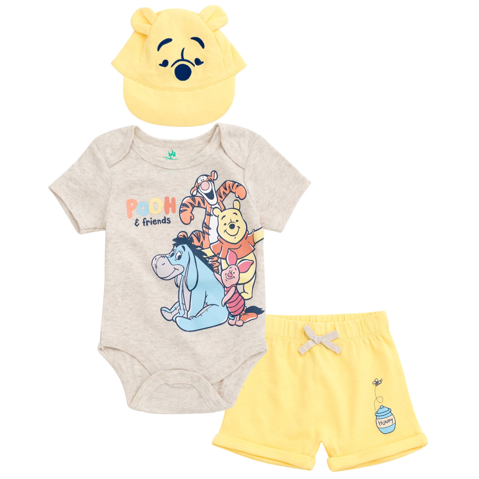 Disney Winnie the Pooh Eeyore Tigger Bodysuit, Shorts and Baseball Cap 3 Piece Outfit Set Newborn to Infant