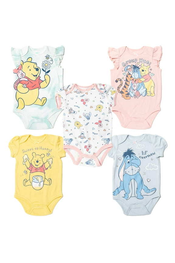 Disney Winnie the Pooh Eeyore Tigger Newborn Baby Girls 5 Pack Bodysuits Newborn to Infant