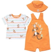 Disney Winnie the Pooh Eeyore Tigger Piglet Baby French Terry Short Overalls T-Shirt and Hat 3 Piece Outfit Set Newborn to Infant