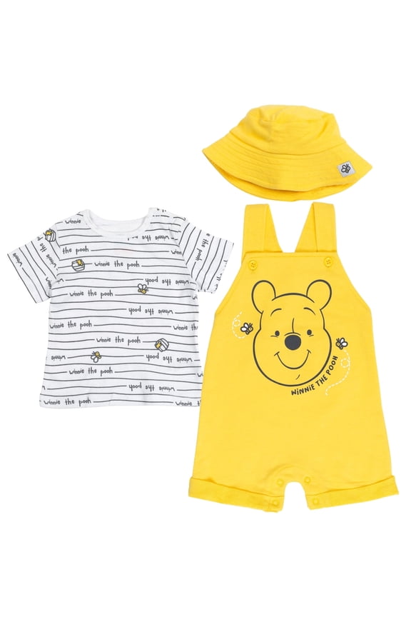 Winnie the Pooh French Terry Short Overalls T-Shirt and Hat 3 Piece Outfit Set 12M