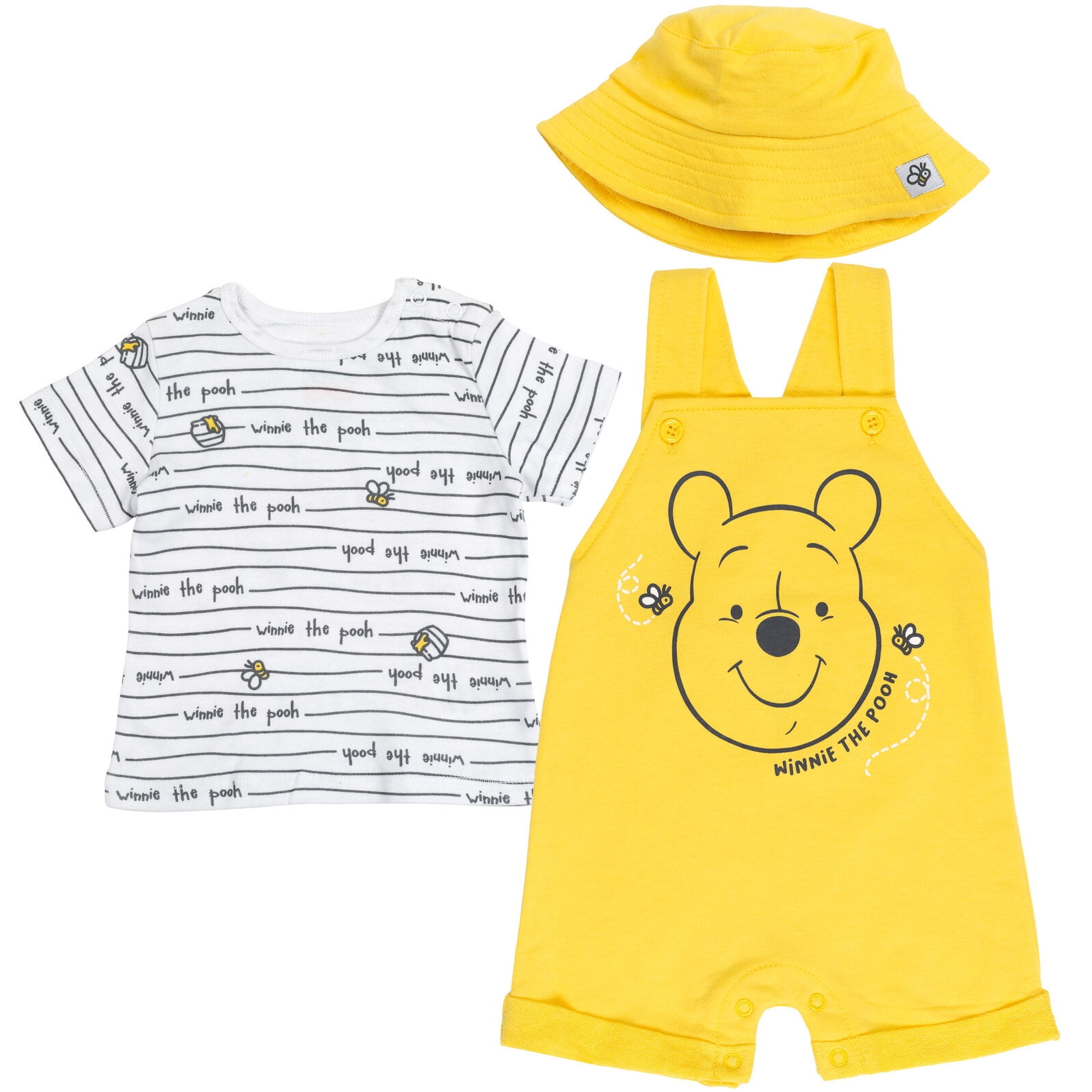 Disney Winnie the Pooh French Terry Short Overalls T-Shirt and Hat, 3-Piece Set