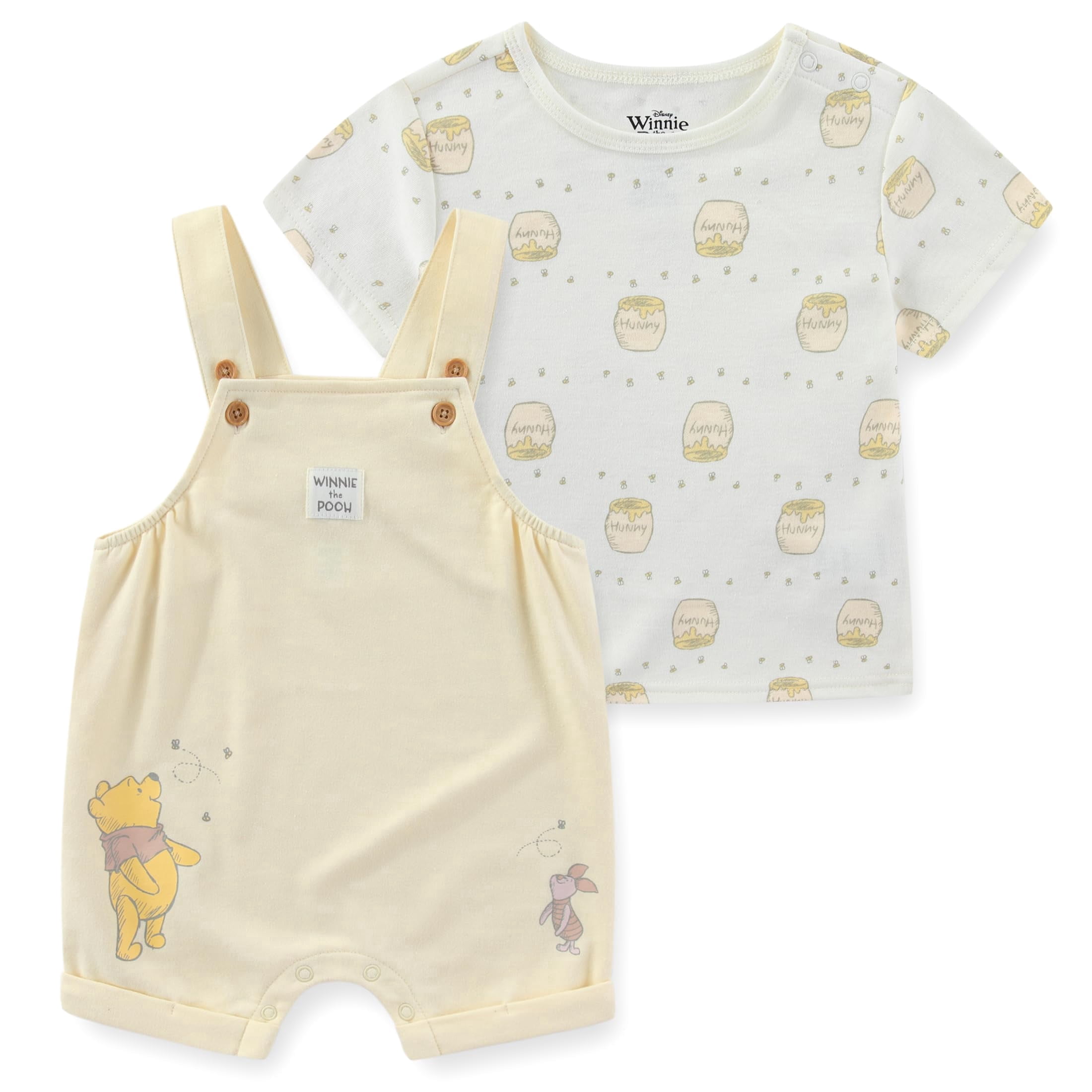 Disney Winnie the Pooh French Terry Shortall Overalls with Shirt (Baby Boys), 2 Piece Set, Sizes 12M-24M
