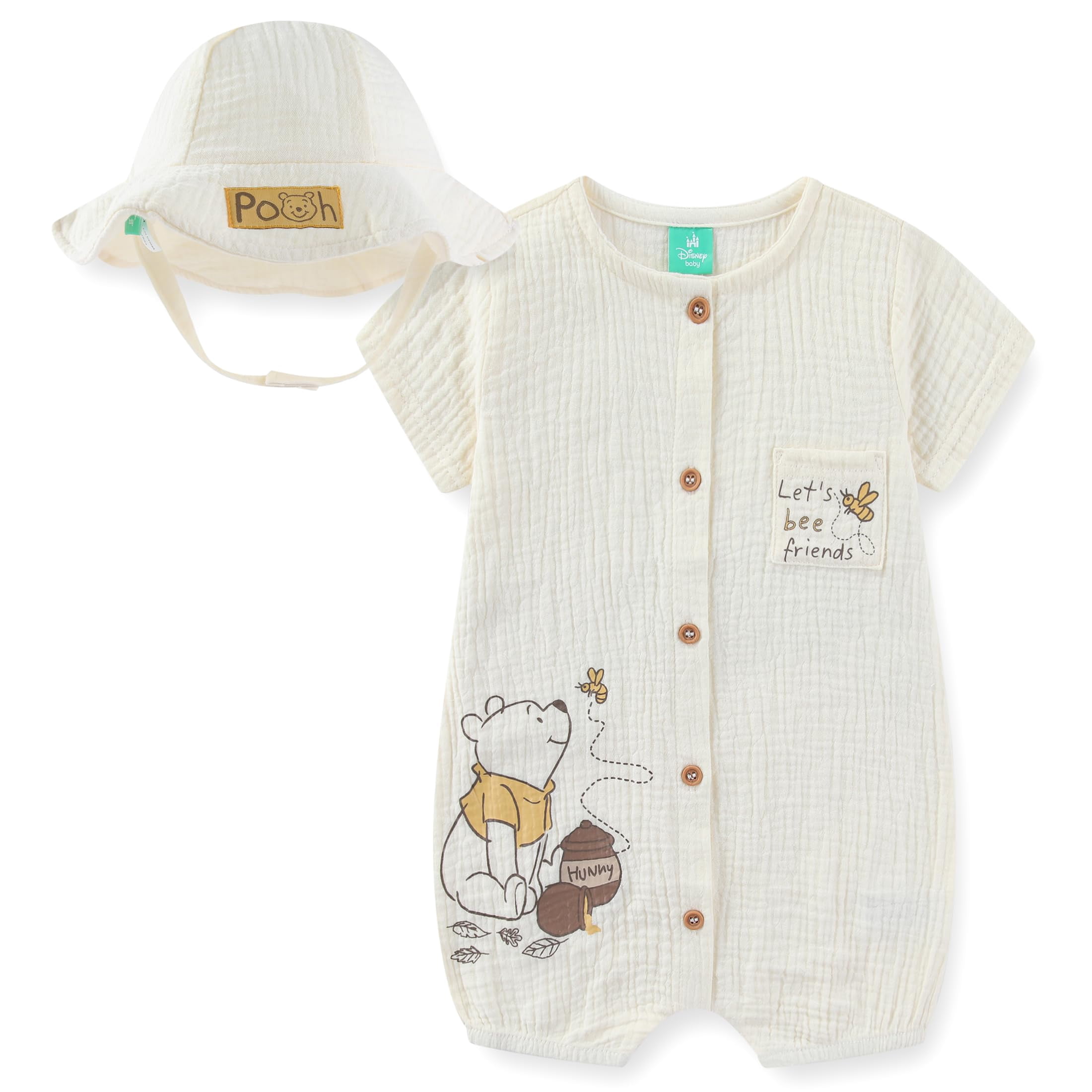 Disney Winnie the Pooh Gauze Romper with Bucket Hat (Baby Boys), 2 Piece Set, Sizes 6M-24M