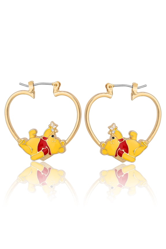 Winnie the Pooh Heart Hoop Earrings, Gold-Tone with Red Enamel