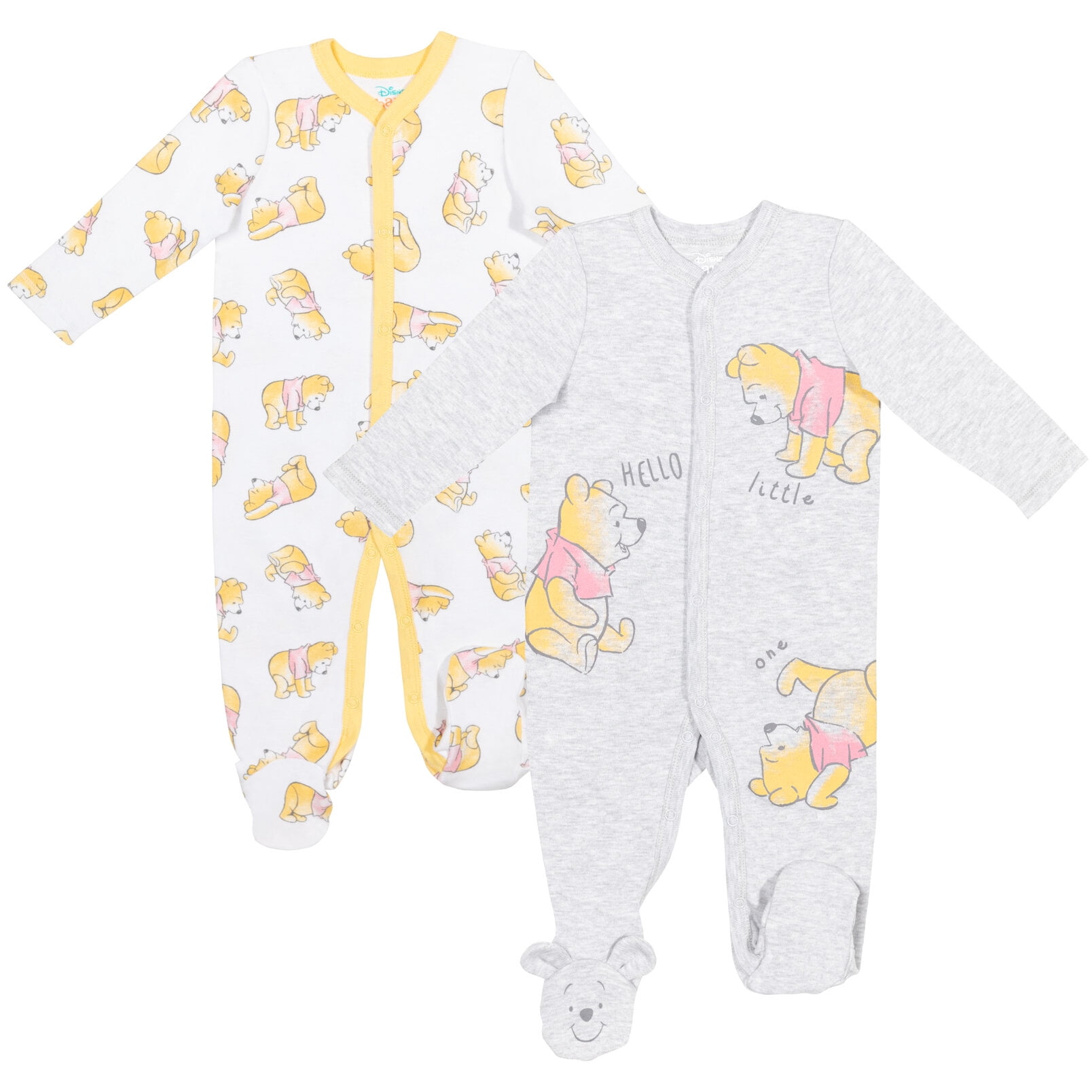 Disney Winnie the Pooh Baby Boys' 2-Pack Footed One-Piece Sleep N' Play Pooh White Grey