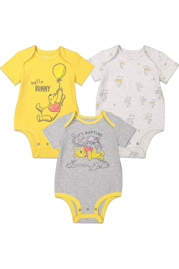Disney Winnie the Pooh Infant Baby Boys 3 Pack Cuddly Short Sleeve Bodysuits 6-9 Months