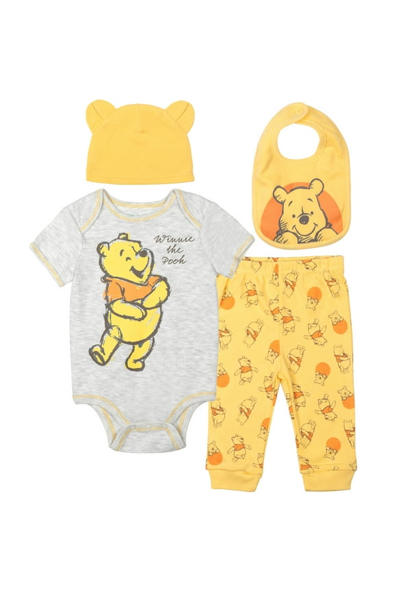 Disney Winnie the Pooh Infant Baby Boys Bodysuit Pants Bib and Hat 4 Piece Outfit Set Newborn to Infant
