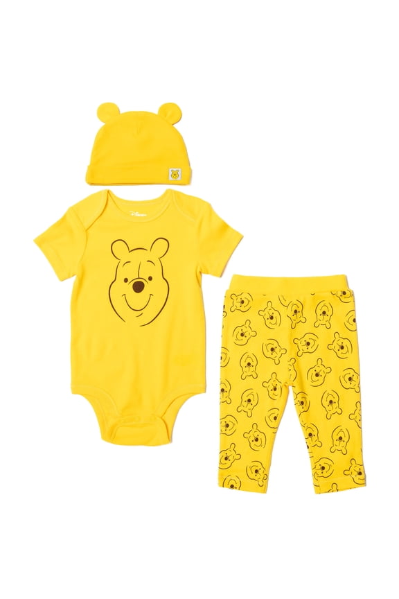 Winnie the Pooh Infant Baby Boys Bodysuit Pants and Hat 3 Piece Outfit Set Newborn to Infant