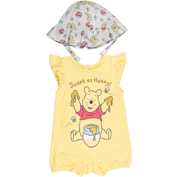 Disney Winnie the Pooh Infant Baby Girls Snap Romper and Bucket Sun Hat Newborn to Infant