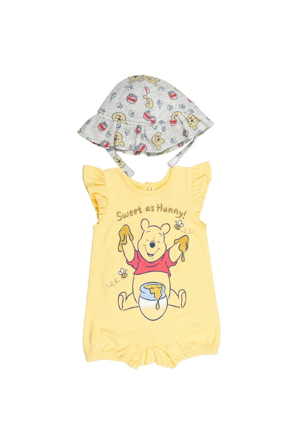 Disney Winnie the Pooh Infant Baby Girls Snap Romper and Bucket Sun Hat Newborn to Infant