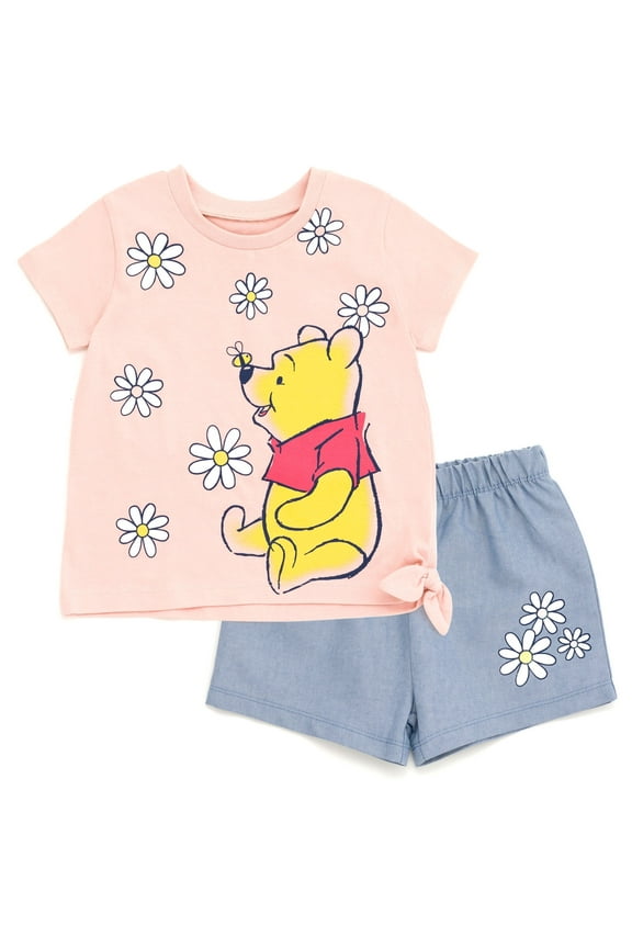 Winnie the Pooh Infant Baby Girls T-Shirt and Chambray Shorts Outfit Set Infant to Toddler