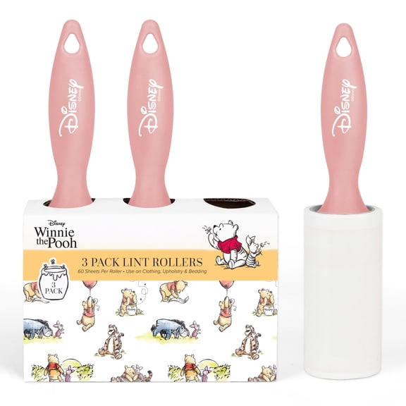 Disney Winnie the Pooh Lint Roller, 3 Pack, 180 Sheets, Extra Sticky Pet Hair Remover for Clothes, Bedding, and Furniture