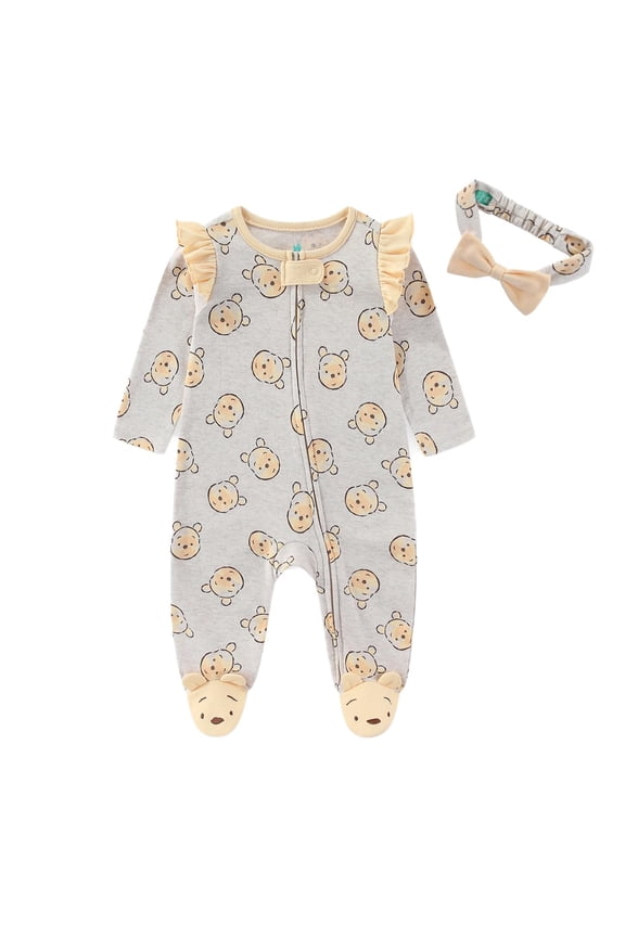 Winnie the Pooh Long Sleeve Footies Coverall Romper With Headband (Baby Girls), 2 Piece Set, Sizes 3M-9M