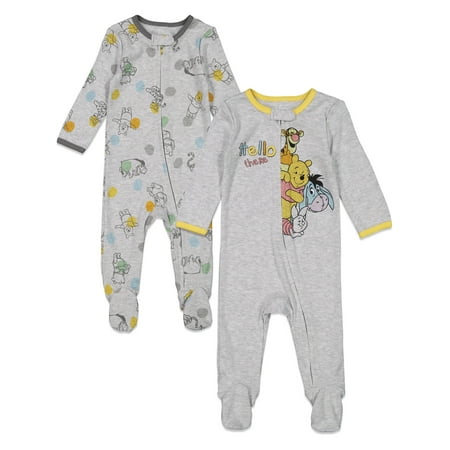 Disney Winnie the Pooh Baby Boys' 2-Pack Footed One-Piece Sleep N' Play Heather Grey Pooh