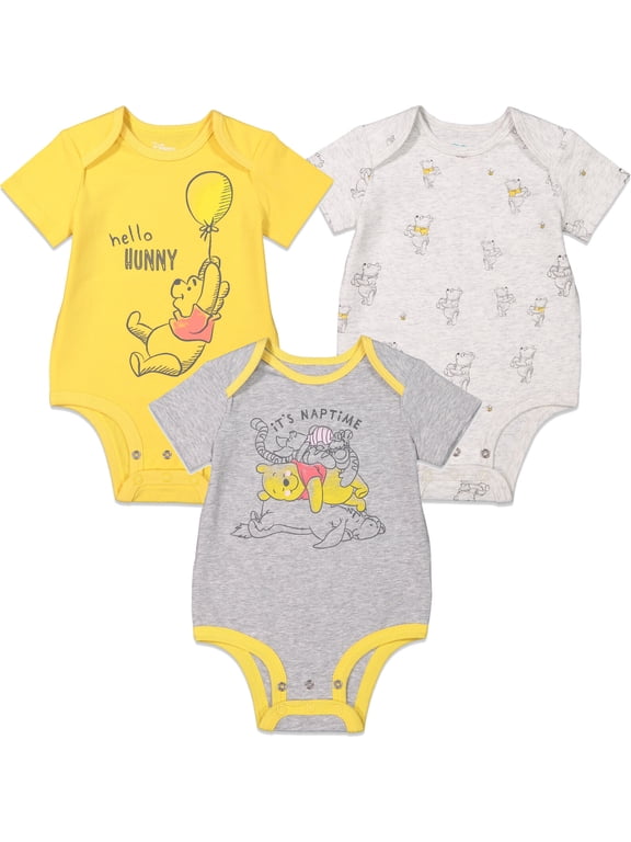 Winnie the Pooh Baby Boy or Girl 3-Pack Short Sleeve Bodysuits Yellow Grey
