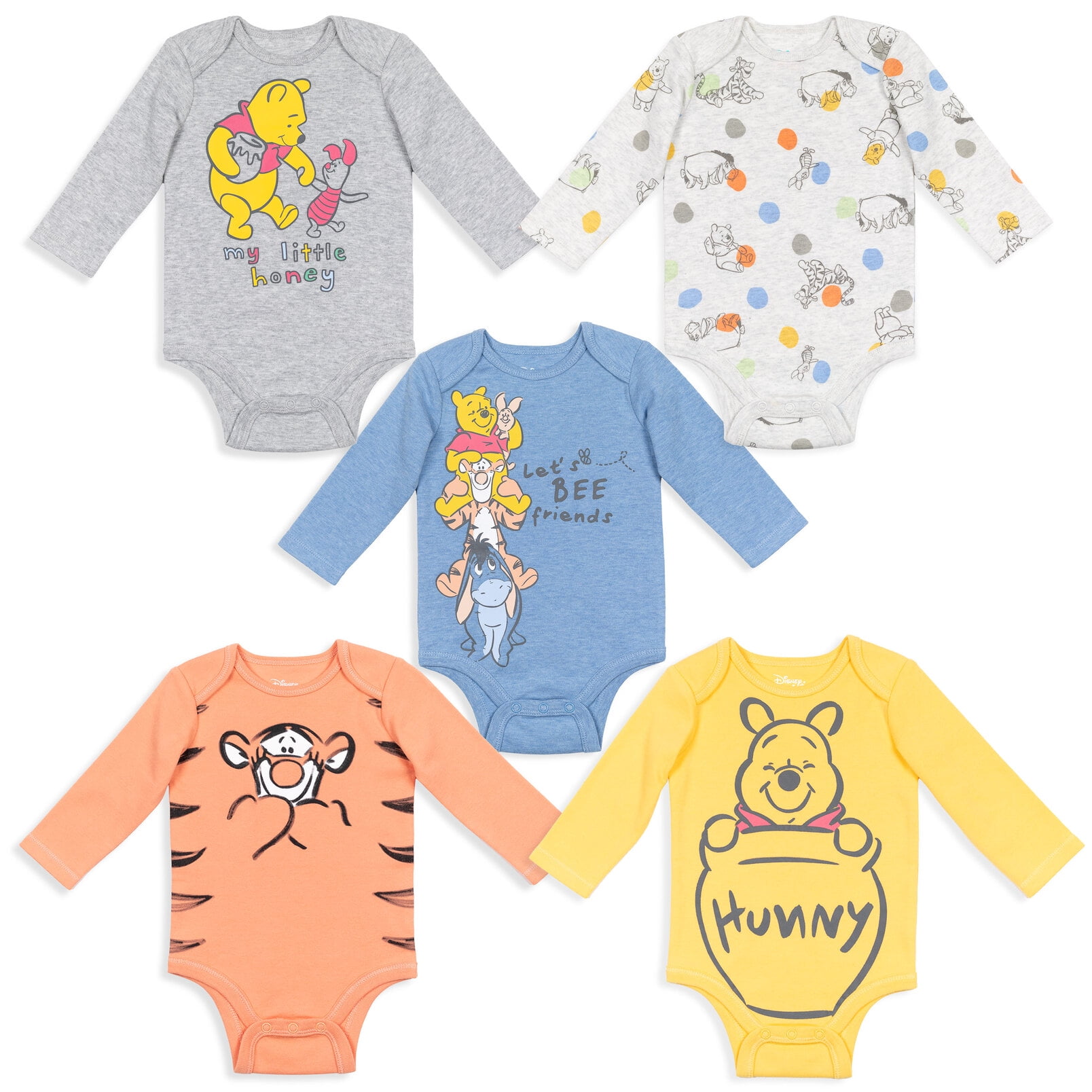 Disney Winnie the Pooh Newborn Baby Boys 5 Pack Long Sleeve Bodysuits Multicolored 0-3 Months
