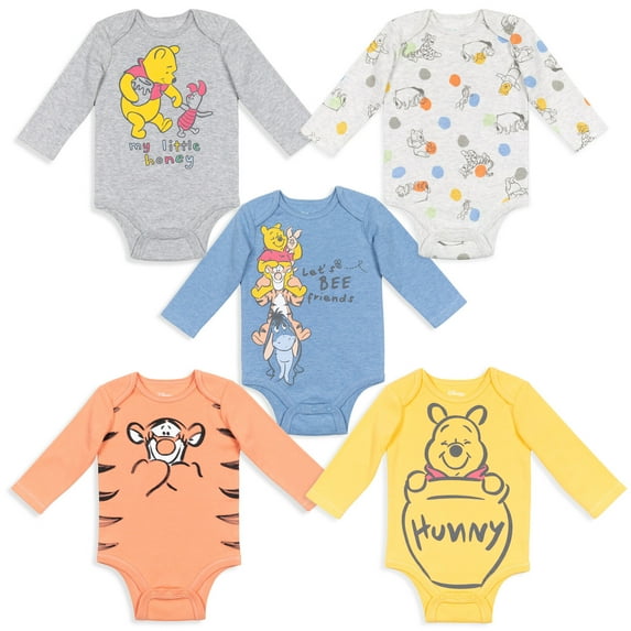 Disney Winnie the Pooh Newborn Baby Boys 5 Pack Long Sleeve Bodysuits Multicolored Newborn