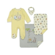 Disney Winnie the Pooh Newborn Baby Boys Sleep N' Play Bib Blanket and Burp Cloth 4 Piece Outfit Set