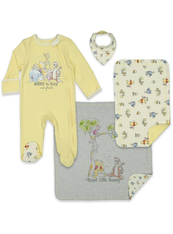 Disney Winnie the Pooh Newborn Baby Boys Sleep N' Play Bib Blanket and Burp Cloth 4 Piece Outfit Set