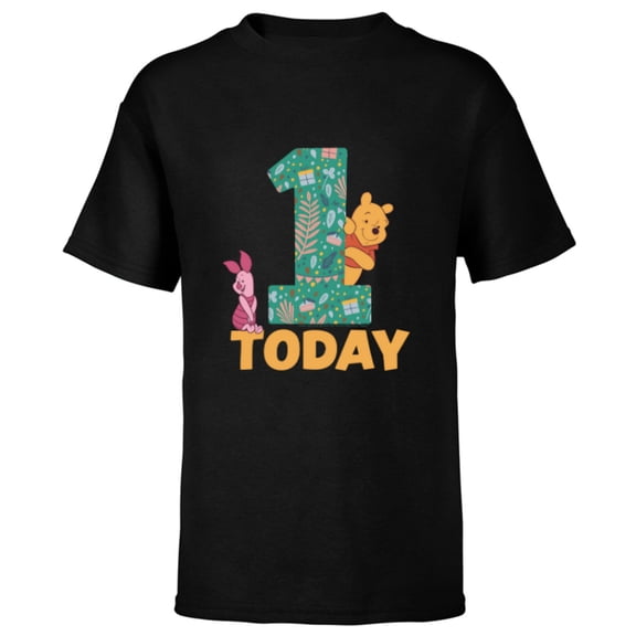 Disney Winnie the Pooh & Piglet Birthday 1 Year Old Today - Short Sleeve T-Shirt for Kids - Customized-Black