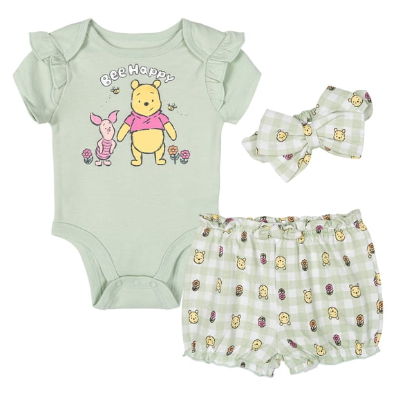 Disney Winnie the Pooh Piglet Bodysuit, French Terry Bubble Shorts and Headband 3 Piece Outfit Set Gingham Newborn to Infant