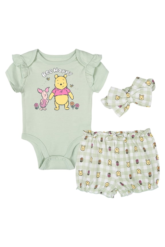 Winnie the Pooh Piglet Bodysuit, French Terry Bubble Shorts and Headband 3 Piece Outfit Set Gingham Newborn to Infant