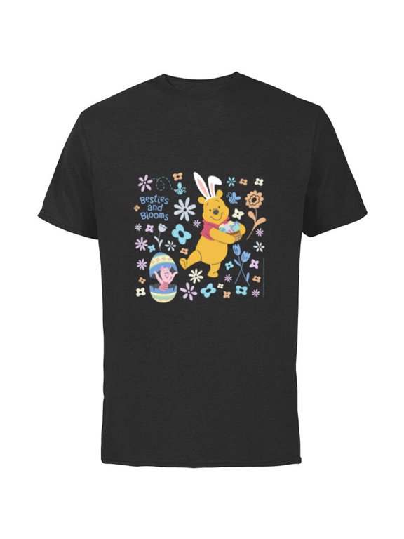 Winnie the Pooh & Piglet Easter Besties and Blooms - Short Sleeve Cotton T-Shirt for Adults - Customized-Black