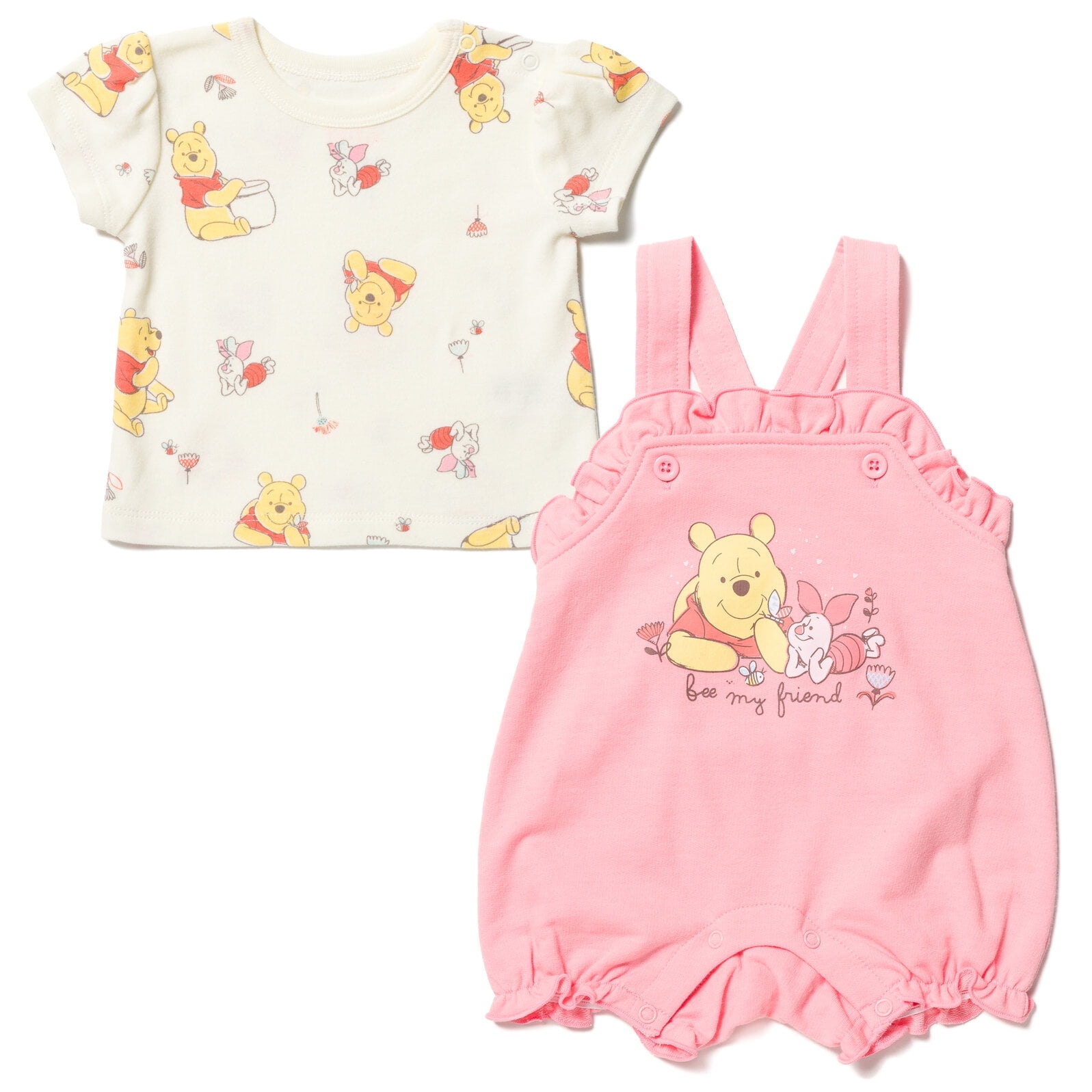 Disney Winnie the Pooh Piglet Infant Baby Girls French Terry Short Overalls and T-Shirt Newborn to Infant