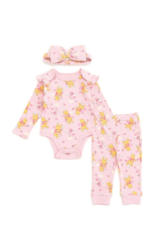 Winnie the Pooh Piglet Ribbed Bodysuit, Jogger Pants and Headband 3 Piece Outfit Set Newborn to Infant