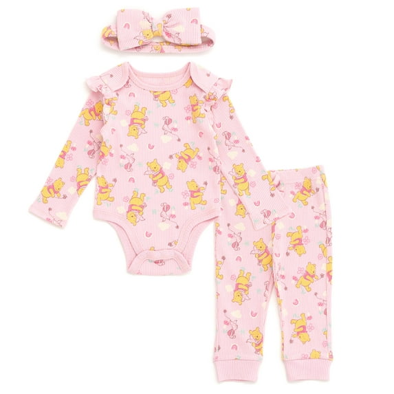 Disney Winnie the Pooh Piglet Ribbed Bodysuit, Jogger Pants and Headband 3 Piece Outfit Set Newborn to Infant