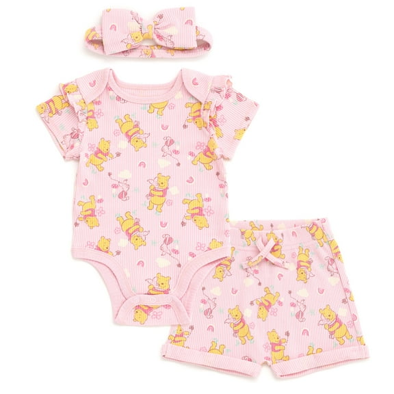 Disney Winnie the Pooh Piglet Ribbed Bodysuit, Shorts and Headband 3 Piece Outfit Set Newborn to Infant