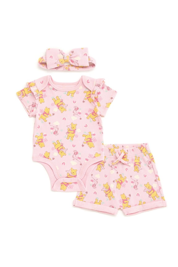 Winnie the Pooh Piglet Ribbed Bodysuit, Shorts and Headband 3 Piece Outfit Set Newborn to Infant