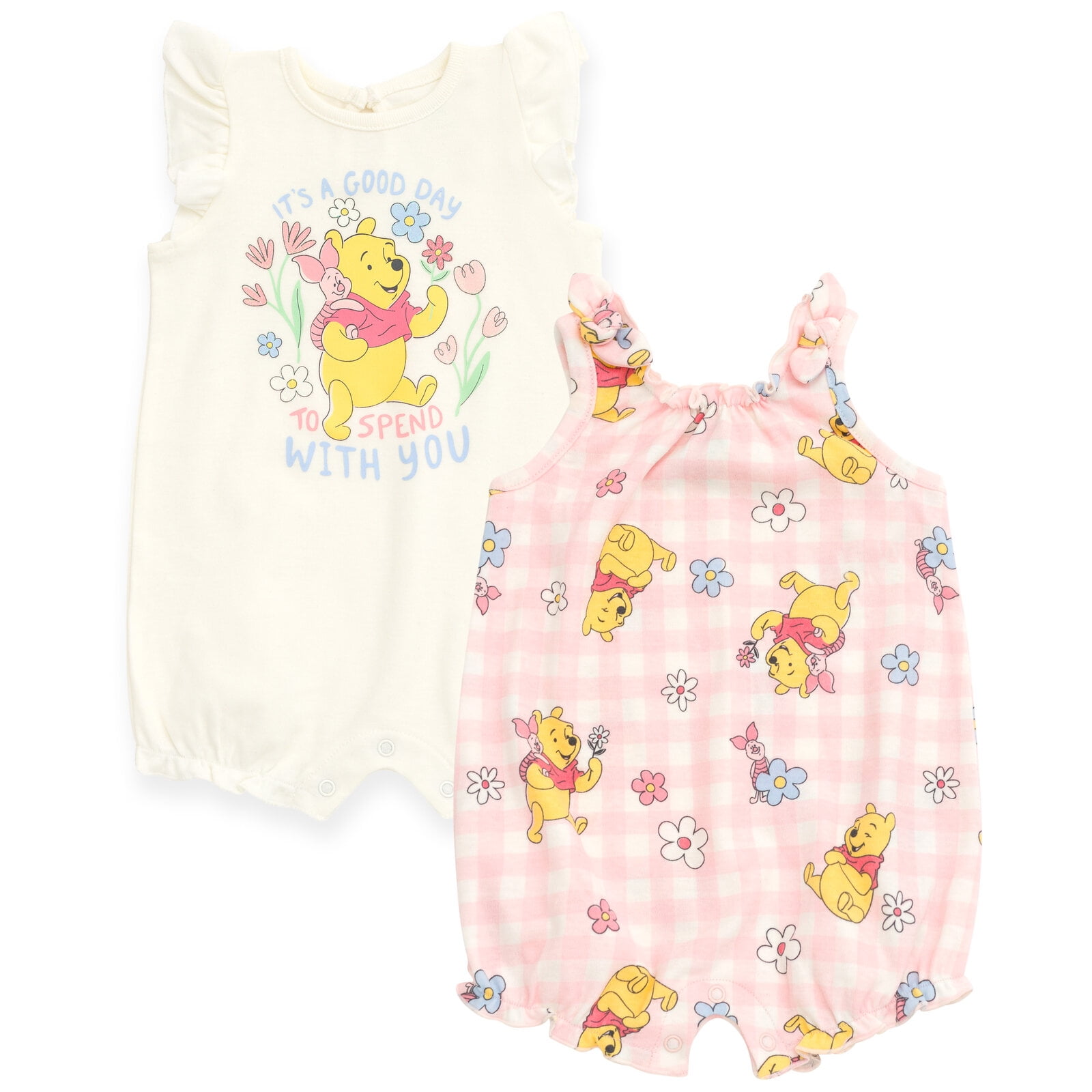 Disney Winnie the Pooh Baby Girls' 2-Pack Short Sleeve and Sleeveless Bubble Romper Set Tusk and Pink Winnie the Pooh and Piglet