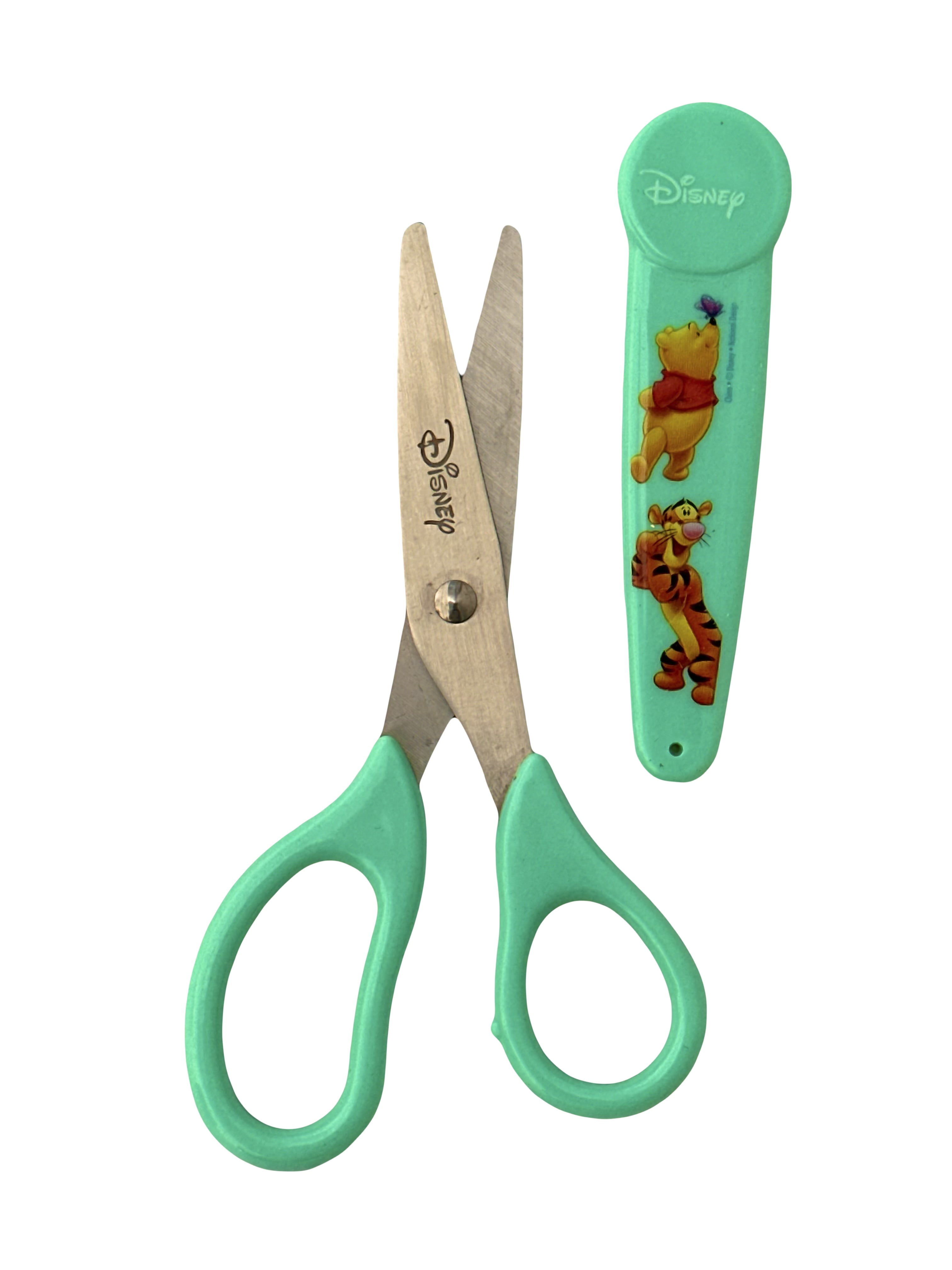 Disney Winnie the Pooh Scissors Aqua Colored Handle Scissors w/Sleeve