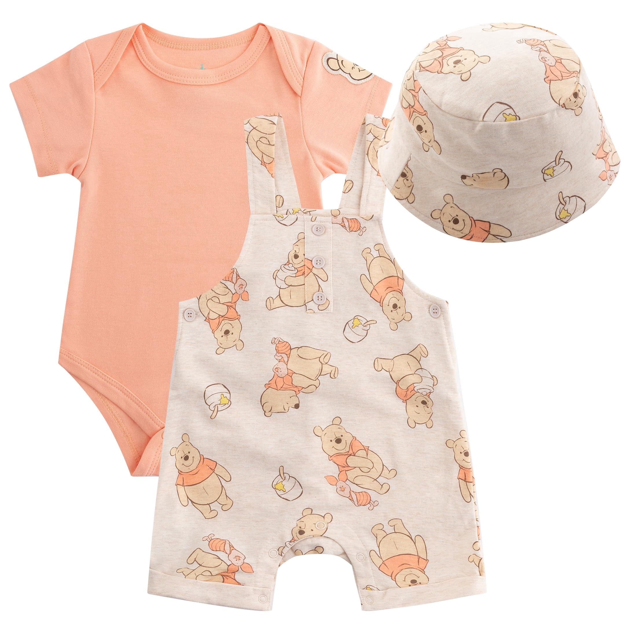 Disney Winnie the Pooh Shortall French Terry Overalls Bodysuit and Bucket Hat (Baby Boys), 3 Piece Set, Sizes 3M-18M