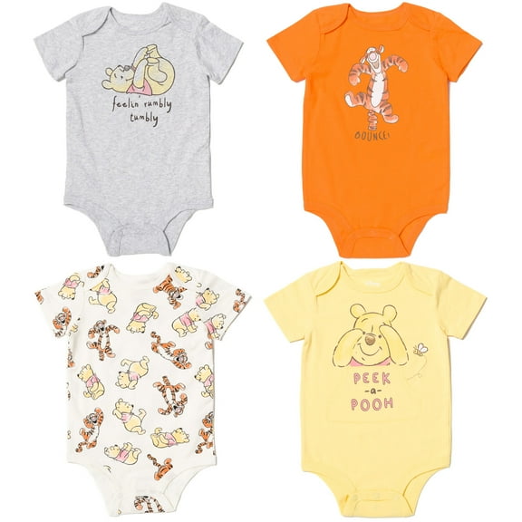 Disney Winnie the Pooh Tigger 4 Pack Cuddly Snap Bodysuits made with Organic Cotton Newborn to Infant