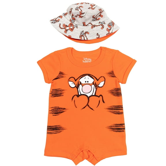 Disney Winnie the Pooh Tigger Infant Baby Boys Romper and Bucket Sun Hat Newborn to Infant