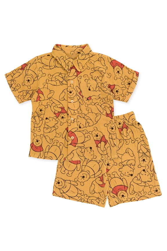 Winnie the Pooh Toddler Boys Hawaiian Button Down Shirt and Shorts Orange 2T