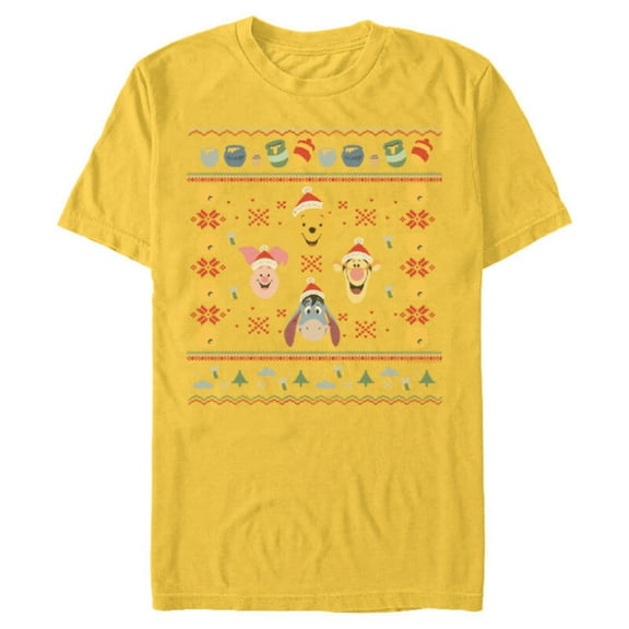 Disney Winnie the Pooh Ugly Christmas Sweater - Short Sleeve Blended T-Shirt for Adults - Customized-Yellow