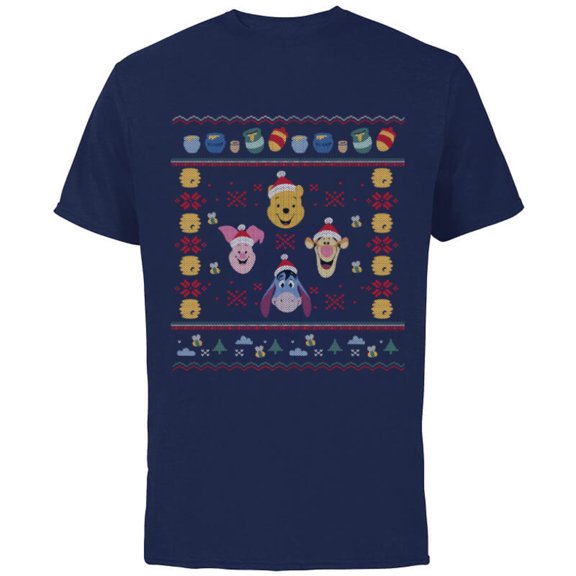 Disney Winnie the Pooh Ugly Christmas Sweater - Short Sleeve Cotton T-Shirt for Adults - Customized-Navy