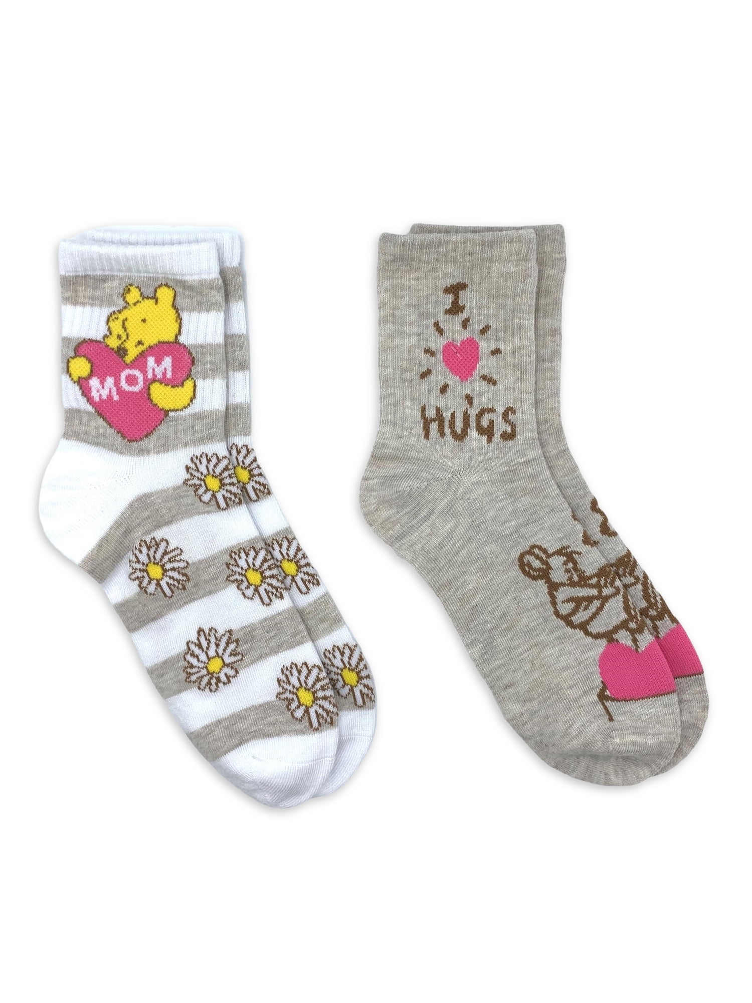Disney Winnie the Pooh Women's Mother's Day Mid Crew Socks, 2-Pack, Shoe Size 4-10