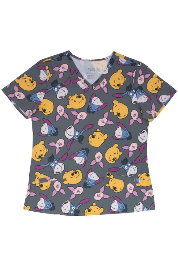 Winnie the Pooh Women’s V-Neck Short Sleeve Scrub Top – Allover Print (S-3XL)