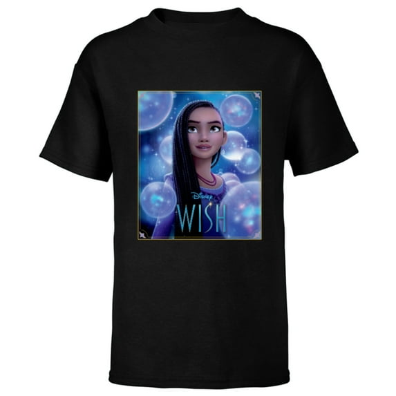 Disney Wish Asha Character Poster Image and Movie Logo - Short Sleeve T-Shirt for Kids - Customized-Black