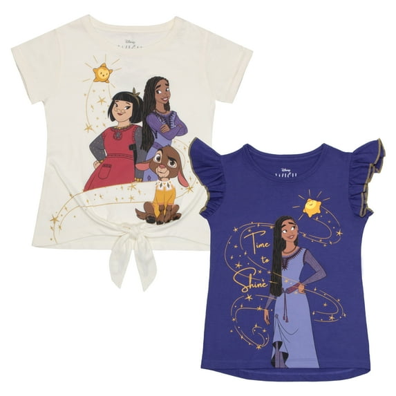 Disney Wish Time to Shine Girl’s 2-Pack Short Sleeve Tshirt Bundle Set for Kids (Sizes 5-12)